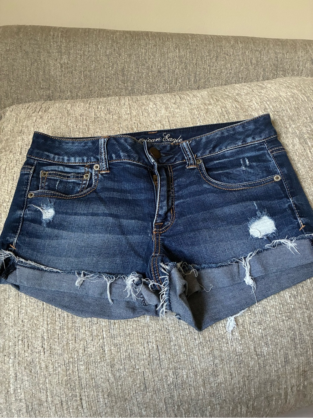 American Eagle Outfitters Blue Distressed Roll-Hem Denim Shorts